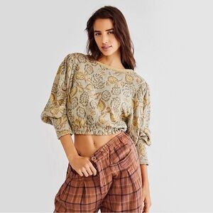 Free People Large Yellow Gray Floral Cotton Crop Top Indie Boho‎ Prairie Poet